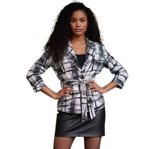 Sandro Black and White Abstract Print Belted Blazer Jacket, Size Large